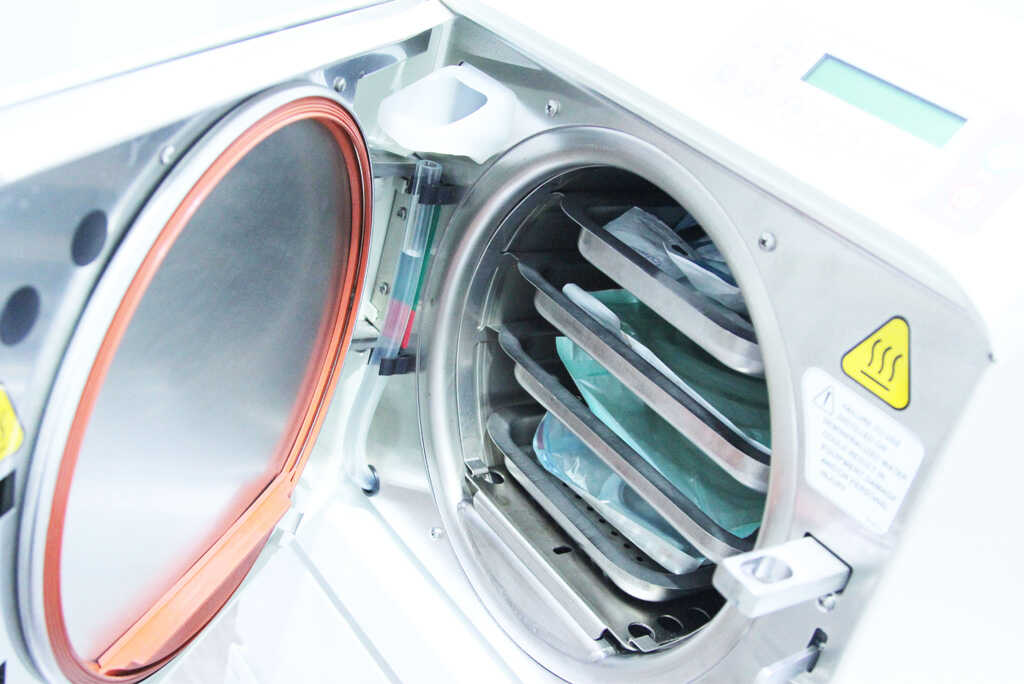 Dental instruments are sterilized by high heat every equipment and every time before use required by international standards.